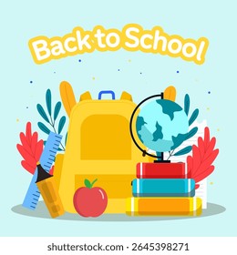 back to school illustration with a bag, books, and a globe
