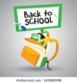 Back to school illustration with bag open and school equipment pop out, back to school discount