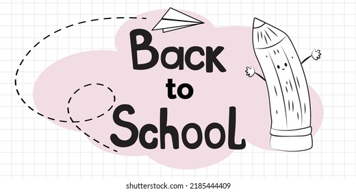Back to school illustration with a blackboard, pencil and paper plane in doodle outline style.