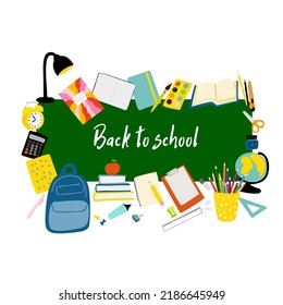  Back to school illustration with school board, backpack, books and stationery isolated on white background 