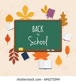 Back to school illustration with books and autumn leafs on the background. Flat design modern vector illustration concept.