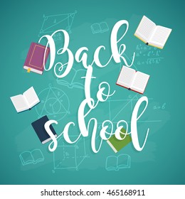 Back to school illustration with books and formulas on the background.