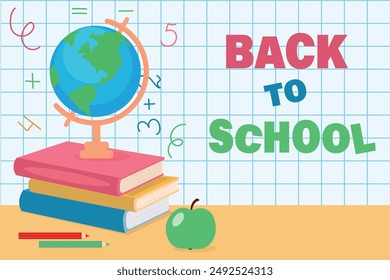Back to school illustration with books and globe. Vector.