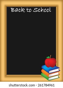 A back to school illustration / border  with a blackboard, textbooks and an apple.