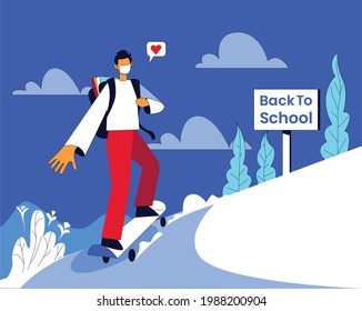 Back to school illustration  boy riding skateboard vector concept