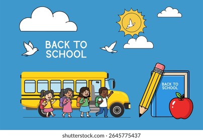 Back to School Illustration with School Bus and Happy Kids