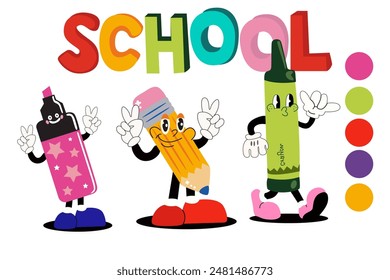 Back to school illustration in cartoon style on a white background with inscription. Cute cartoon green crayon, pink marker and yellow pencil. Flat vector illustration