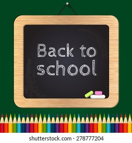 Back to school illustration with chalk board, colored pencils
