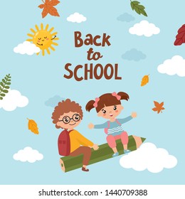 Back to school illustration with children. Boy and girl fly on a pencil to knowledge. Cute School Children. School activities. Back to School isolated objects on blue background. 