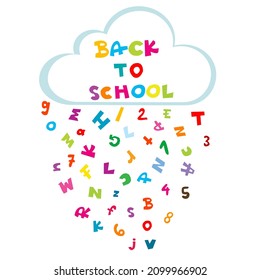 De vuelta a la ilustración escolar con nube y lluvia hecha de letras y números