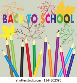 Back to school. Illustration with colored pencils and autumn leaves. Vector background.
