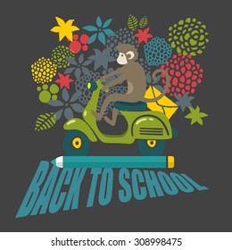 Back to school illustration with cute black and white monkey on the old scooter. Creative vector picture.