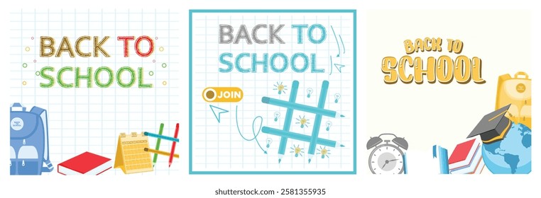 Back to school illustration design showing off stationery, books and backpacks. Featuring bright and cheerful colors. Back to School concept. Set flat vector illustration.