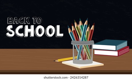 back to school illustration, with a desk, chalboard and pencils 