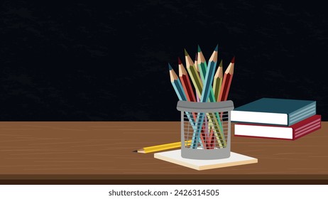 back to school illustration, with a desk, chalboard and pencils 