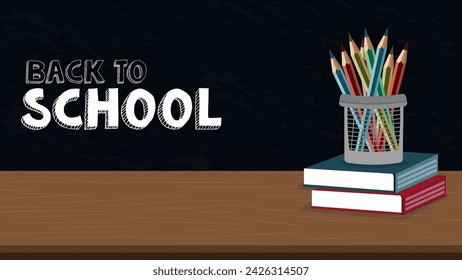 back to school illustration, with a desk, chalboard and pencils 