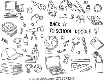 Volver a la escuela Ilustración de patrón sin fisuras doodle. Fondo dibujado a mano con útiles escolares y Elementos creativos