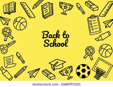 voltar para escola ilustração doodle com fundo amarelo, papelaria embalagem, escola ilustração mão desenhado anúncios de impressão, educação negócios, livraria
