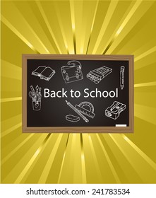 back to school illustration,  drawings on the black board  over yellow color background