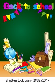 Back to school illustration. Educational background with books, notebooks, pen, pencil, brush, globe, paper, ruler and backpack. Vector illustration