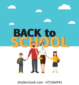 Back to school illustration. Family: mother, father, son, daughter. School building background