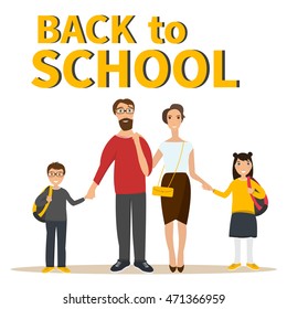 Back to school illustration. Family: mother, father, son, daughter. School building background