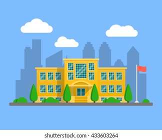 Back to school illustration. Flat modern school building for background to school banner and poster design. Buildings for city construction. Infographics element, town or city landscape element