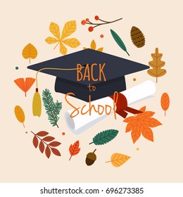 Back to school illustration with graduation cap, diploma and autumn leafs on the background. Flat design modern vector illustration concept.