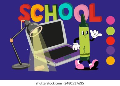 Back to school illustration in groovy style. Work environment with laptop and desk lamp and cute cartoon green Crayon. Flat retro classic cartoon style of 70s