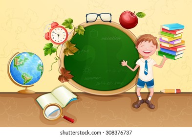 Back to school illustration with happy pupil.