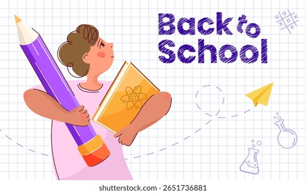 Back to School Illustration with Kid Holding Pencil and Book. Student holding a giant pencil and book on a grid background.Educational content, banner, school promotions, classroom materials.Vector
