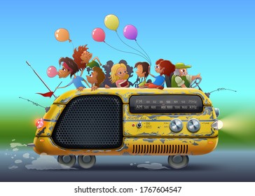 Back to School illustration with kids in yellow bus as radio drawing art in vector. Students and children go to college on 1 September to study after summer holidays or to musical party.