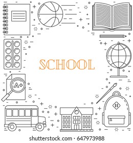 Back to school illustration, line art design, school bus, books and sport