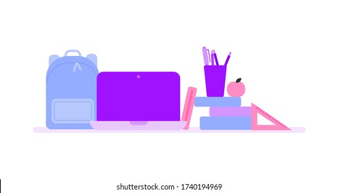 Volver a la ilustración escolar con cuaderno, libros, lapiceros