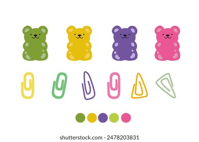 Back to school illustration. School office colored icons. Rubber colored eraser in the shape of a bear and vector paper clips. Children's office for creativity