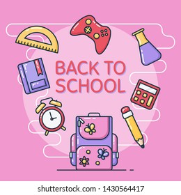 Back to school illustration paoster isolated in pink background