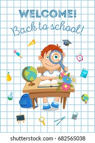 Back to school illustration. Pupil and school supplies. Vector flat.