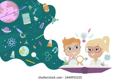 Back to school illustration with pupils and thoughts bubble with different education icons and space with planets. Editable vector illustration
