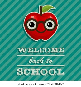 Back to school illustration with red apple cartoon with glasses