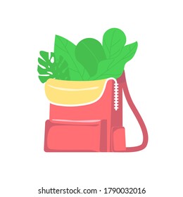 De vuelta a la escuela, ilustración de una bolsa roja con hojas de árbol de otoño dentro. Mochila con cremallera, bolsillos y cubierta amarilla. vector