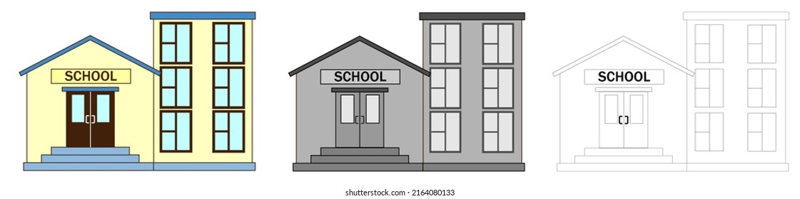 Back to school illustration set cartoon style. Building design. Monochrome, line and colorful