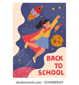 De Volta À Escola Ilustração Mostra Uma Menina De Super-Herói Com Um Cabo Vermelho Escapando Para Uma Fantástica Aventura Espacial Com Foguetes E Planetas No Fundo. Colorido de volta à escola Cena com Supergirl