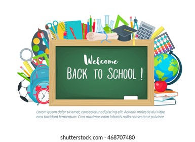 Back to school illustration with supplies textbooks globe notebook pen brush paint line bulb school board schoolbag school bus in the flat style.