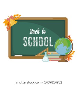 Back to school illustration template with chalkboard and icon elements in flat style isolated on white background. Vector illustration.