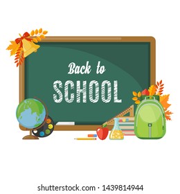 Back to school illustration template with chalkboard and icon elements in flat style isolated on white background. Vector illustration.