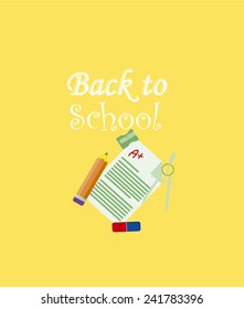 back to school illustration, test  over yellow color background