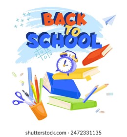 Back to school illustration with textbooks alarm clock and school supplies flying in the air.Vector 