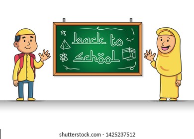 Back to school illustration theme for moslem kids. Greeting text on chalk board using arabic look font.