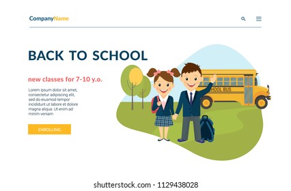 Back to school illustration of two happy pupils wearing uniform and bus behind them. Flat concept vector website template and landing page design of preschool classes and courses enrolling services