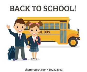 Back to school illustration of two happy pupils wearing uniform and bus behind them